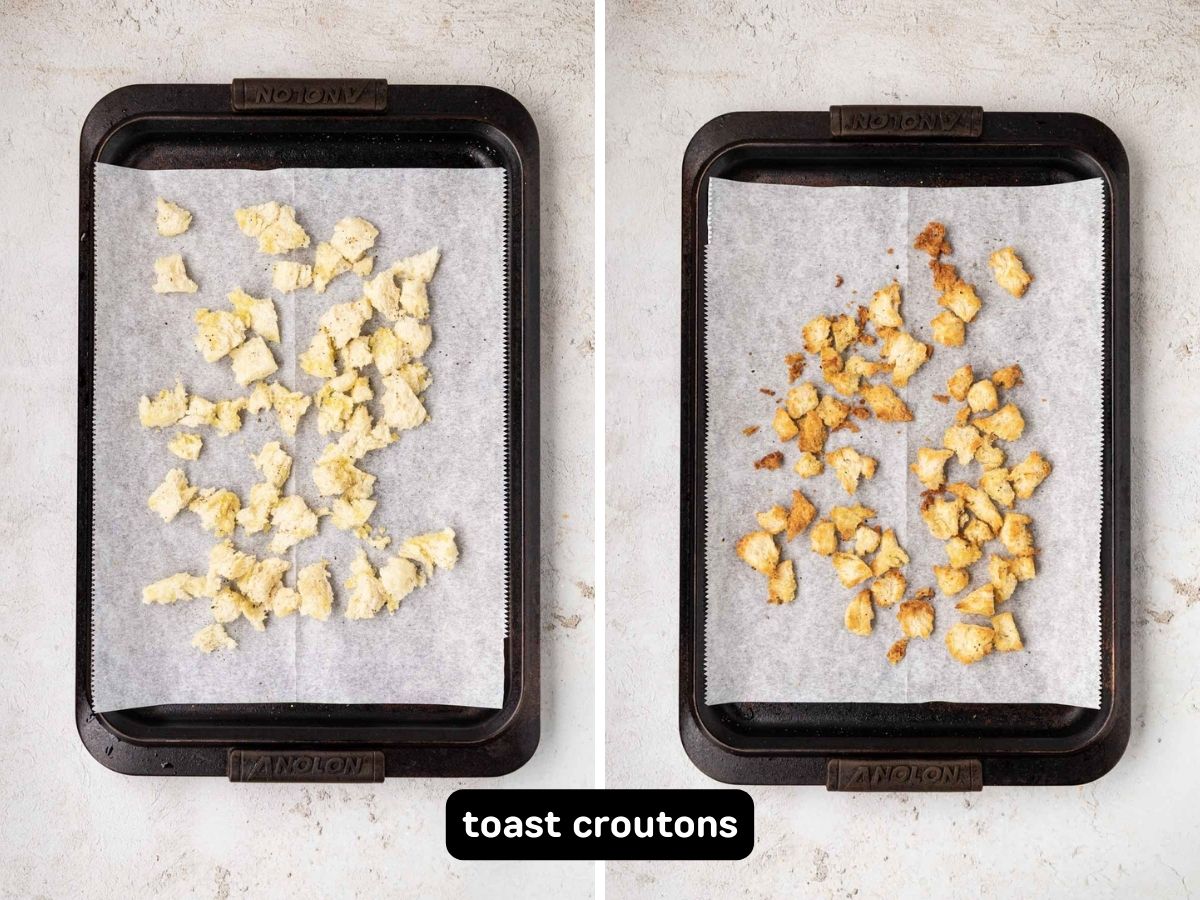 Croutons from inside the bread bowl on a sheet pan to toast.