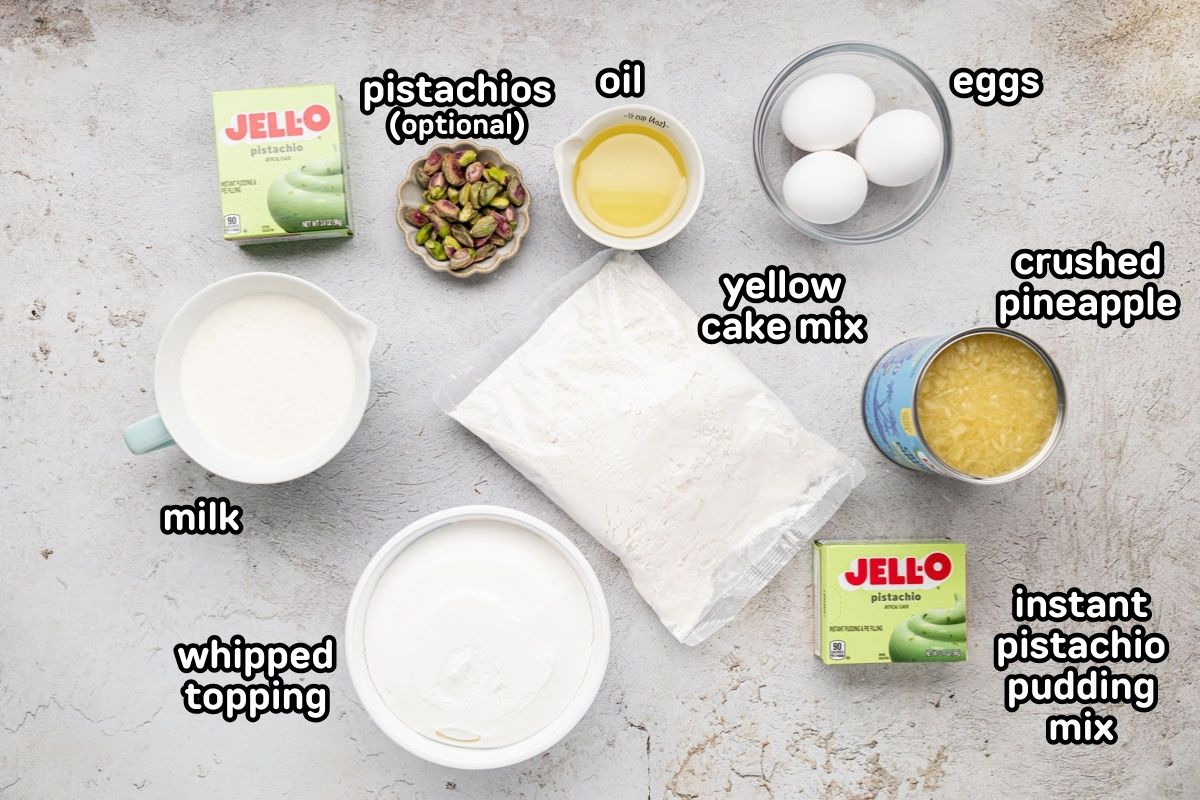 Ingredients needed to make pistachio pineapple cake.