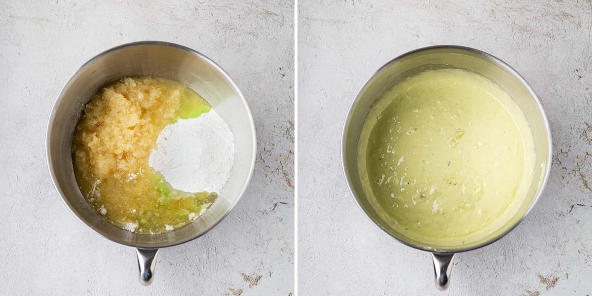 Side by side photos of cake mix, pudding mix, oil and pineapple mixed together in the bowl of a stand mixer.