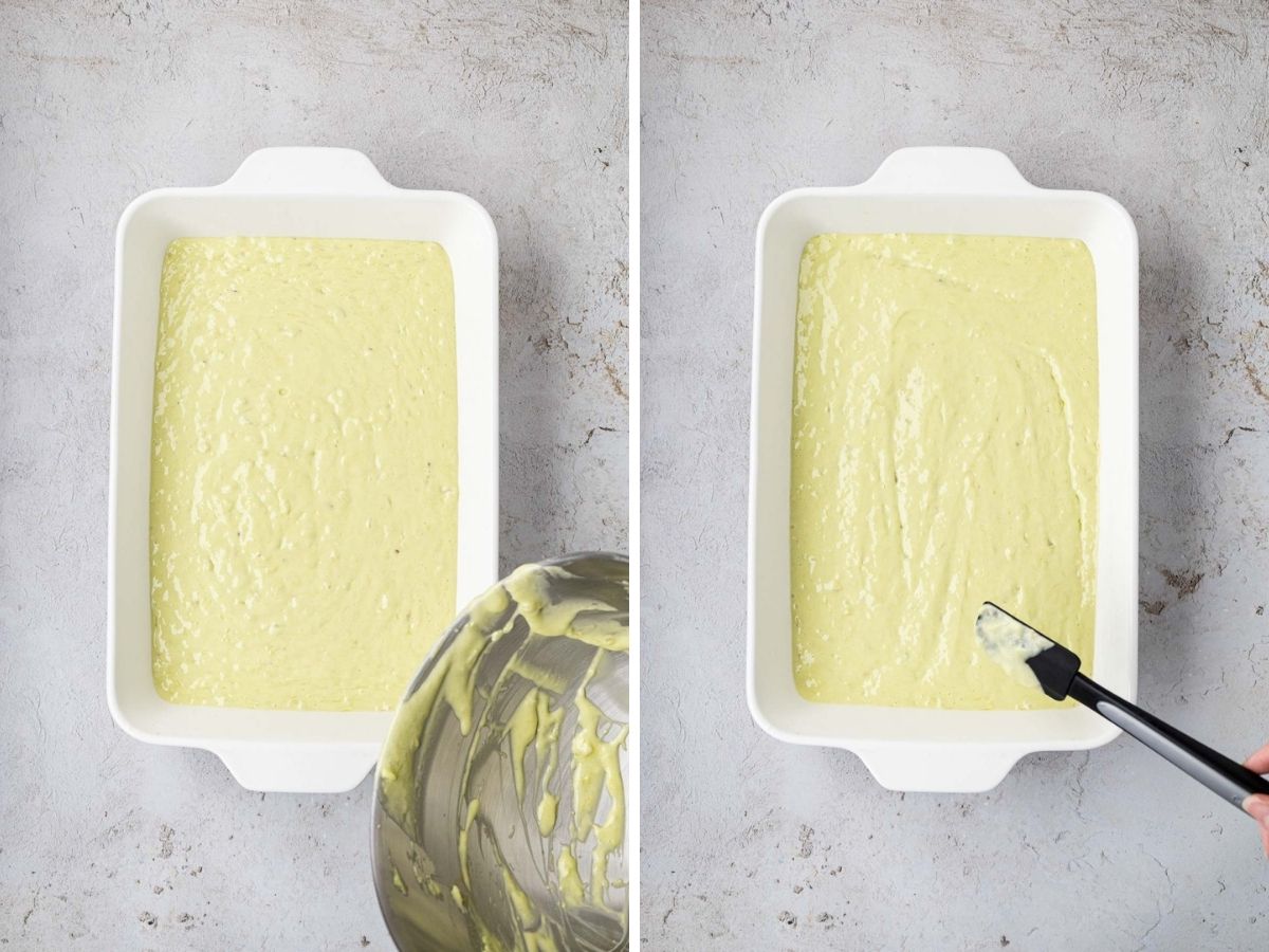 Pistachio pineapple cake batter poured into the prepared white baking dish.