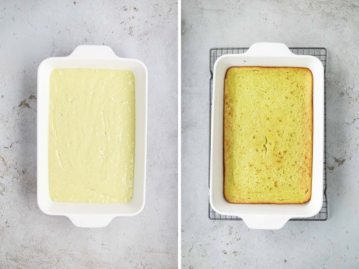 Side by side photos of before and after the pistachio pineapple cake is baked.
