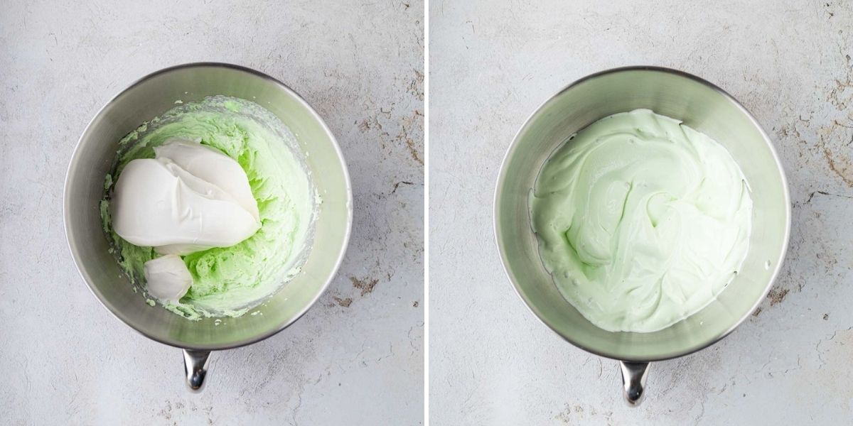 Side by side photos of mixing together pistachio pudding mix, milk, whipped topping, and chopped pistachios.