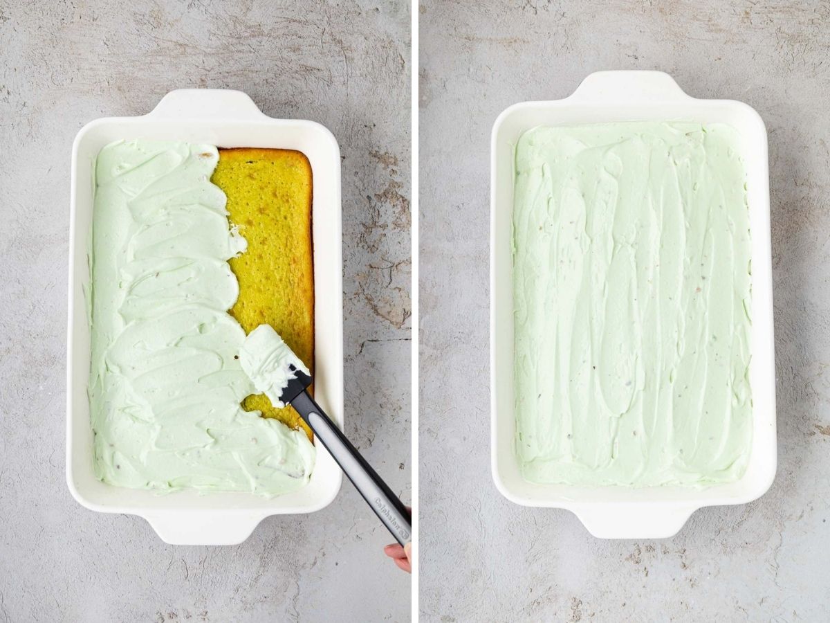 Side by side photos of spreading the icing on top of the pistachio pineapple cake.