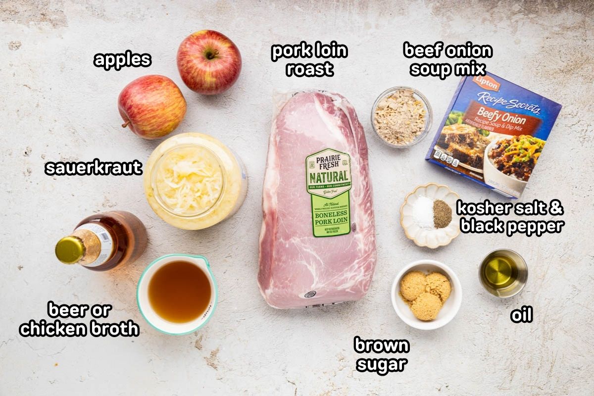 A labeled image of ingredients needed to make pork roast and sauerkraut with apples.