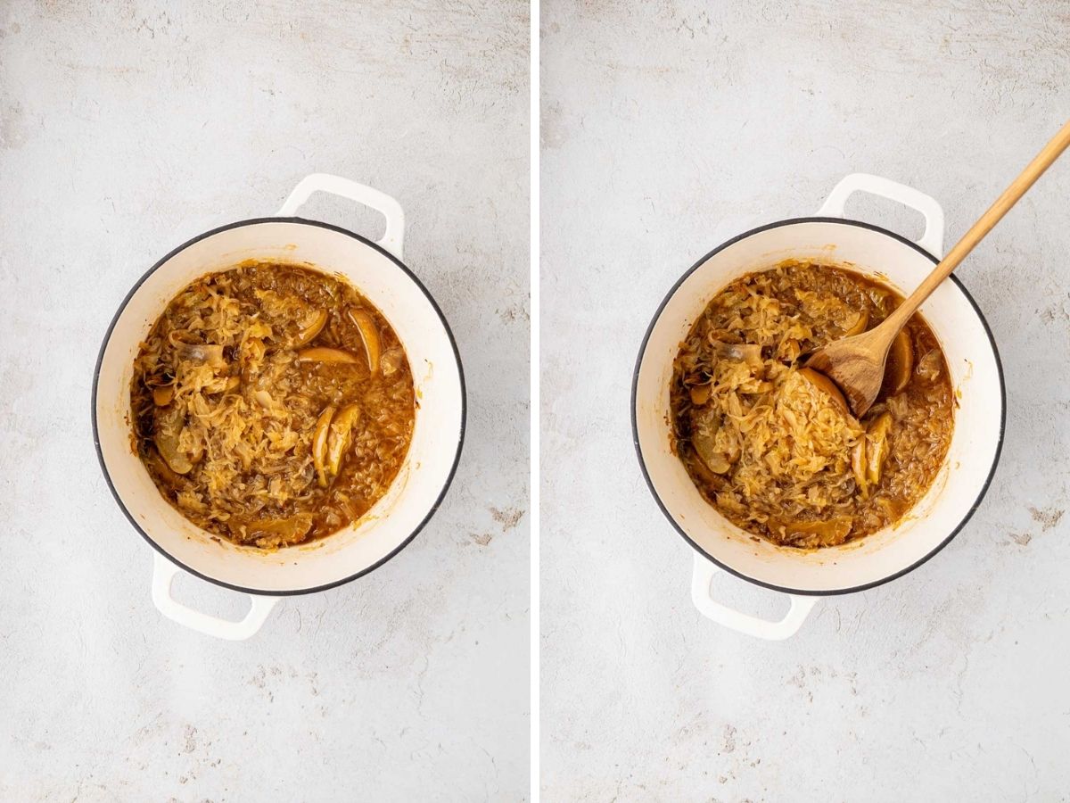 Stirring the apples and sauerkraut into the pan juices.
