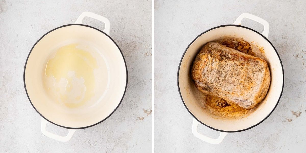 A pork roast seared in a Dutch oven with oil.