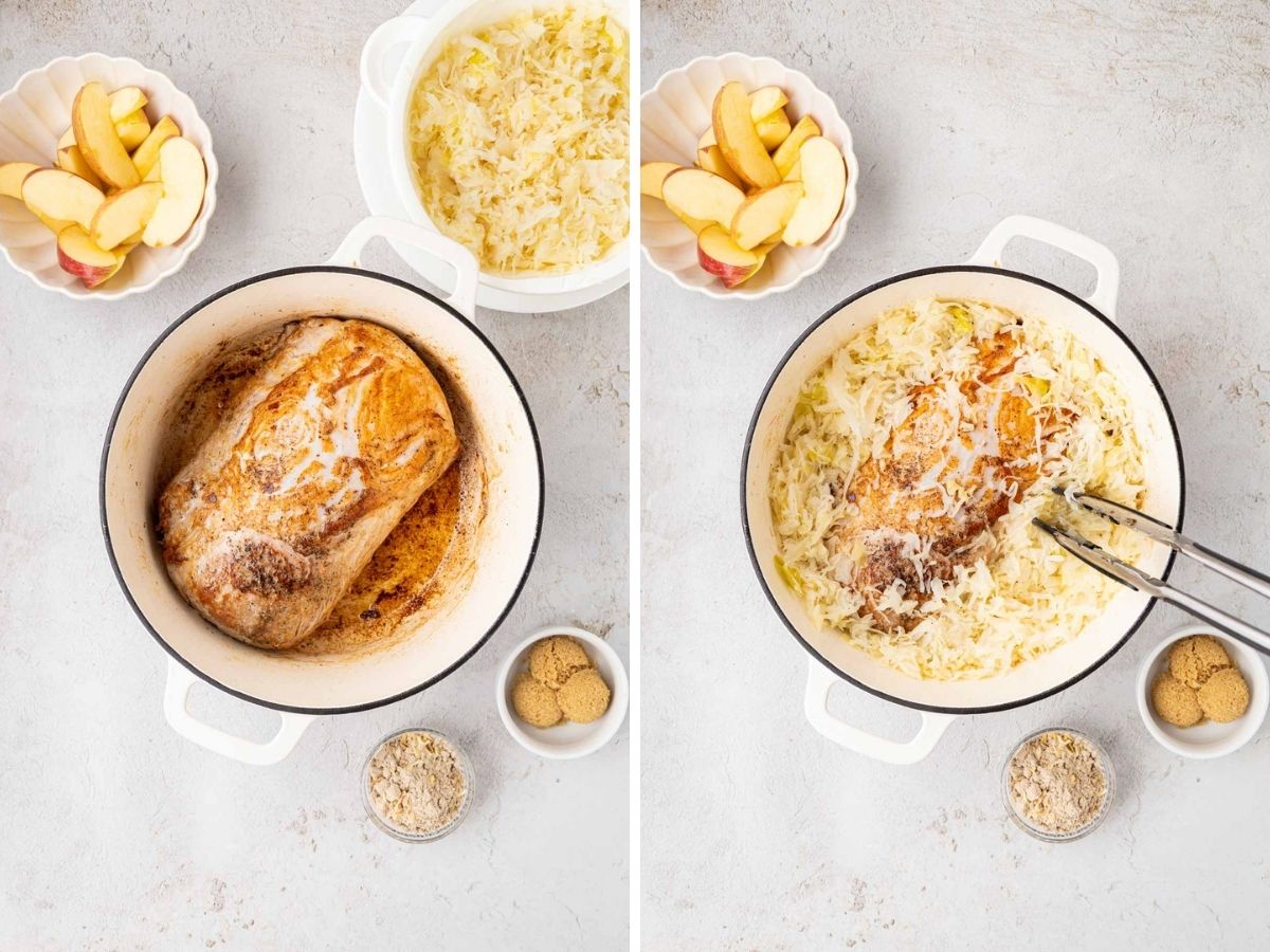 Adding sauerkraut to the Dutch oven with the pork roast.