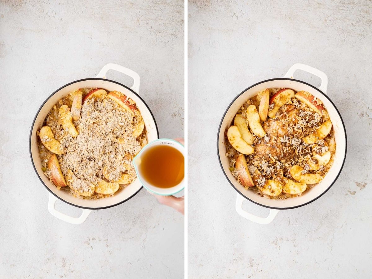 Adding broth to the pan of roast and sauerkraut mixture.