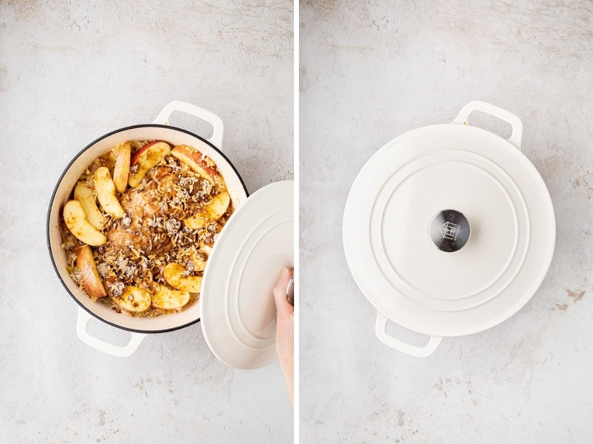 Covering the dutch oven with the lid to cook.