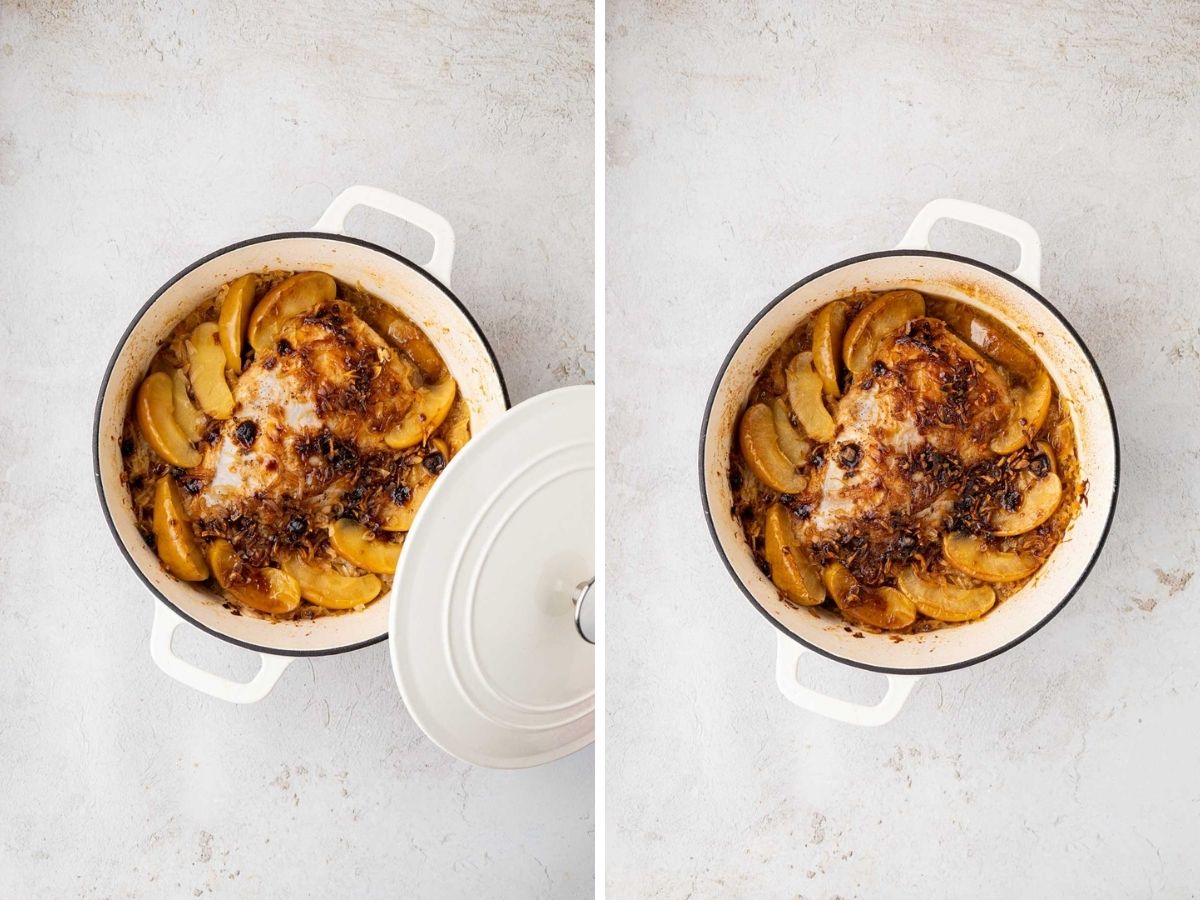 Removing the lid and cooking at 450°F to brown the roast.