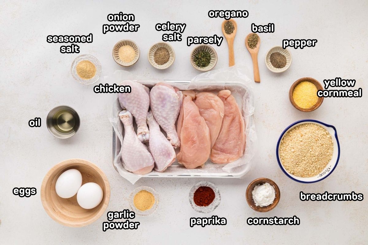 A labeled image of ingredients needed to make homemade shake and bake chicken.