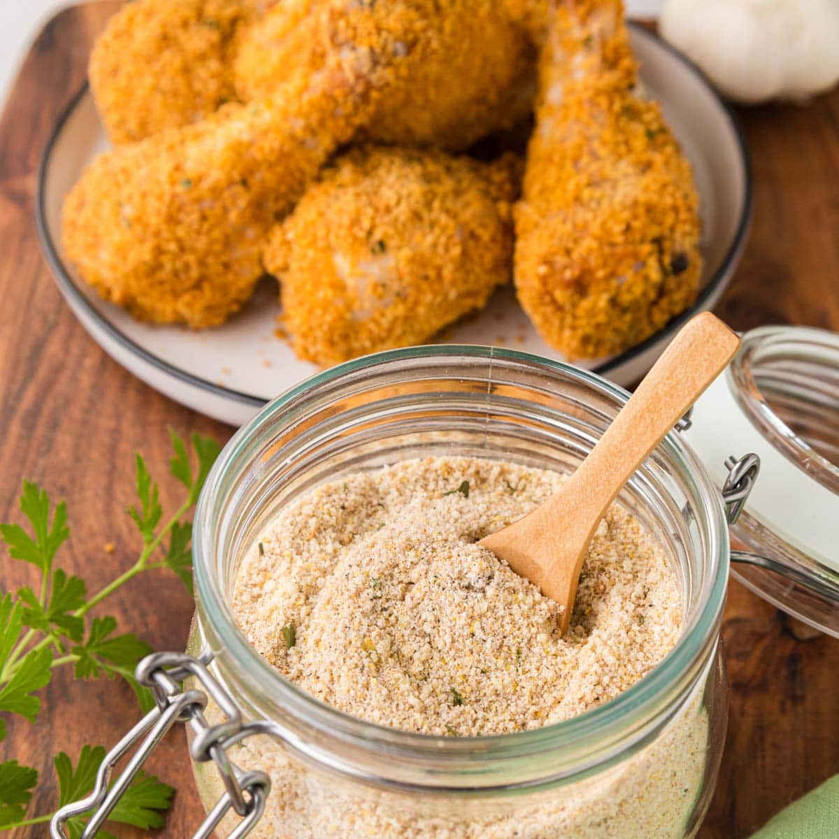 Homemade shake and bake seasoning placed in a airtight storage jar.