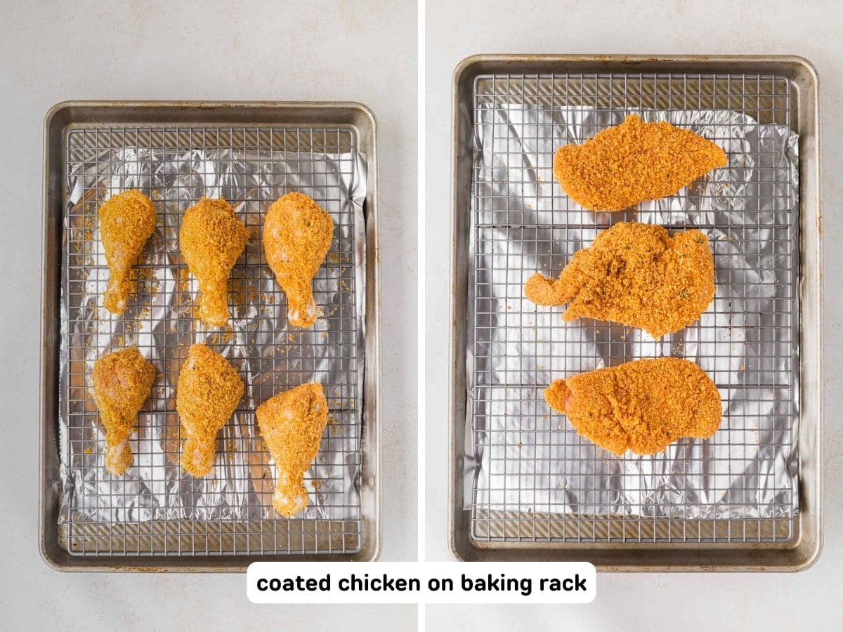 A collage image showing shake n bake coated chicken on a baking rack on a lined baking tray.