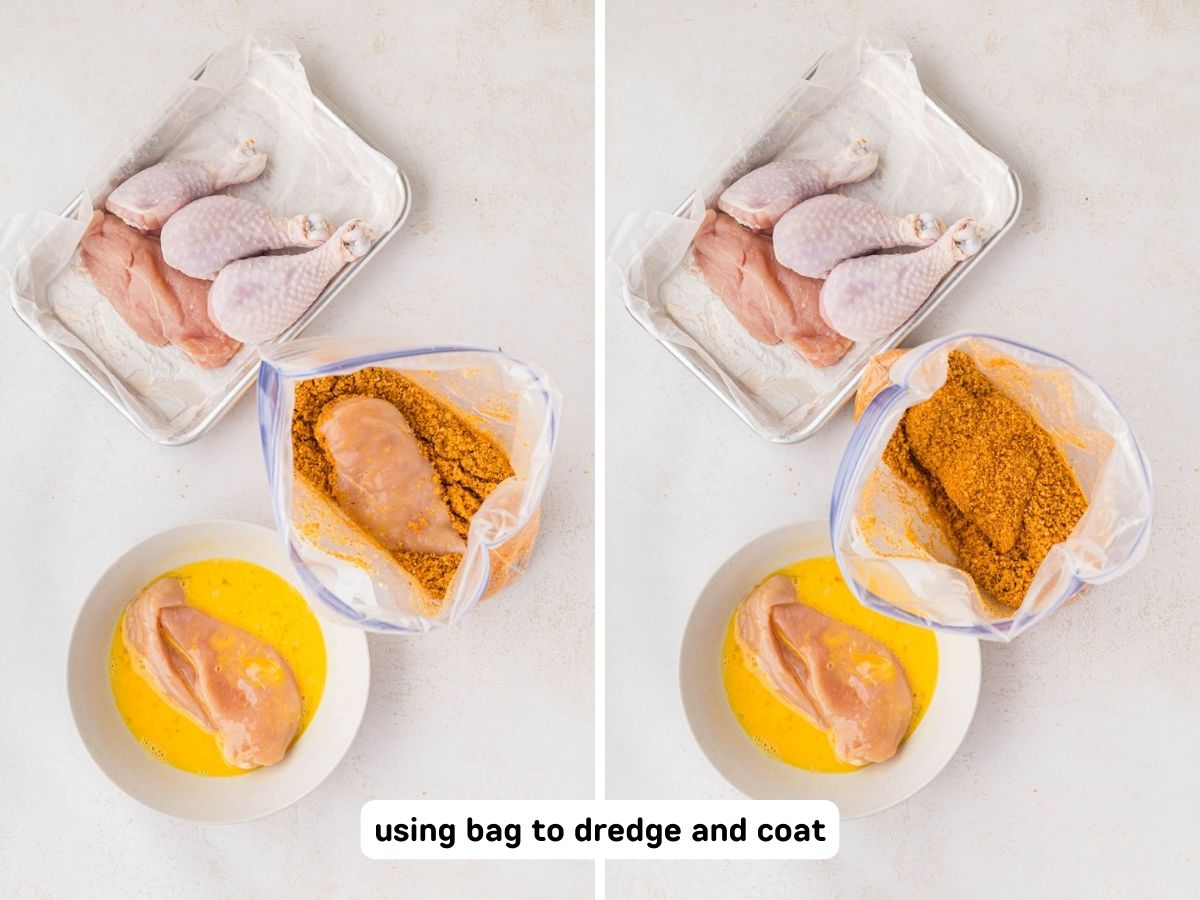 A collage image of steps to dredge the chicken, an egg shake and bake seasoning mix in a bag.