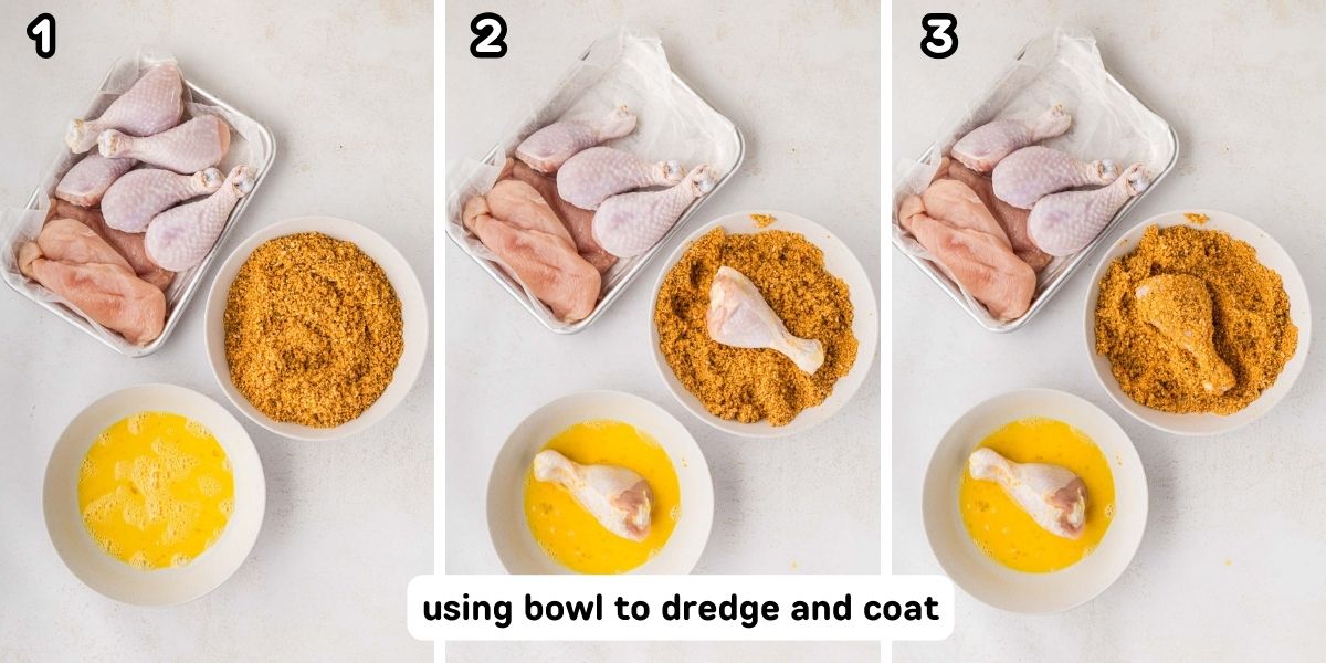 A collage image of steps to dredge the chicken, an egg shake and bake seasoning mix in a bowl.