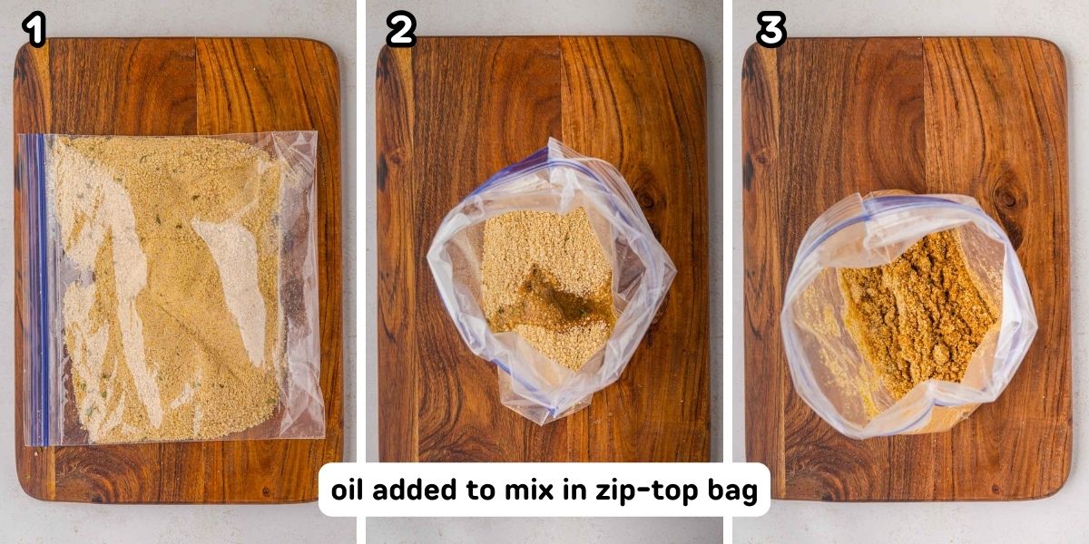 Oil added shake and bake seasoning in a bag and mixed to combine.