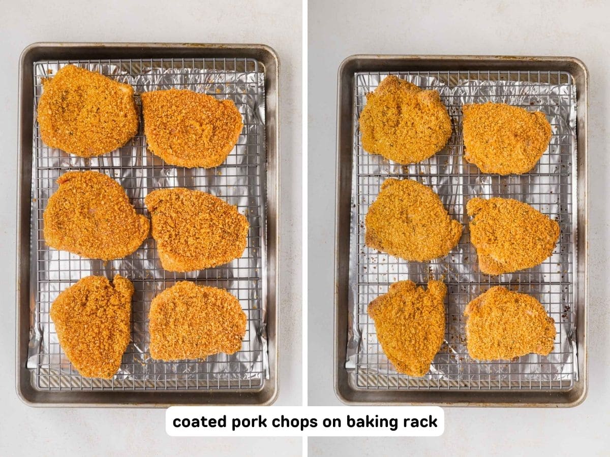 A collage image showing shake n bake coated pork chops on a baking rack on a lined baking tray.