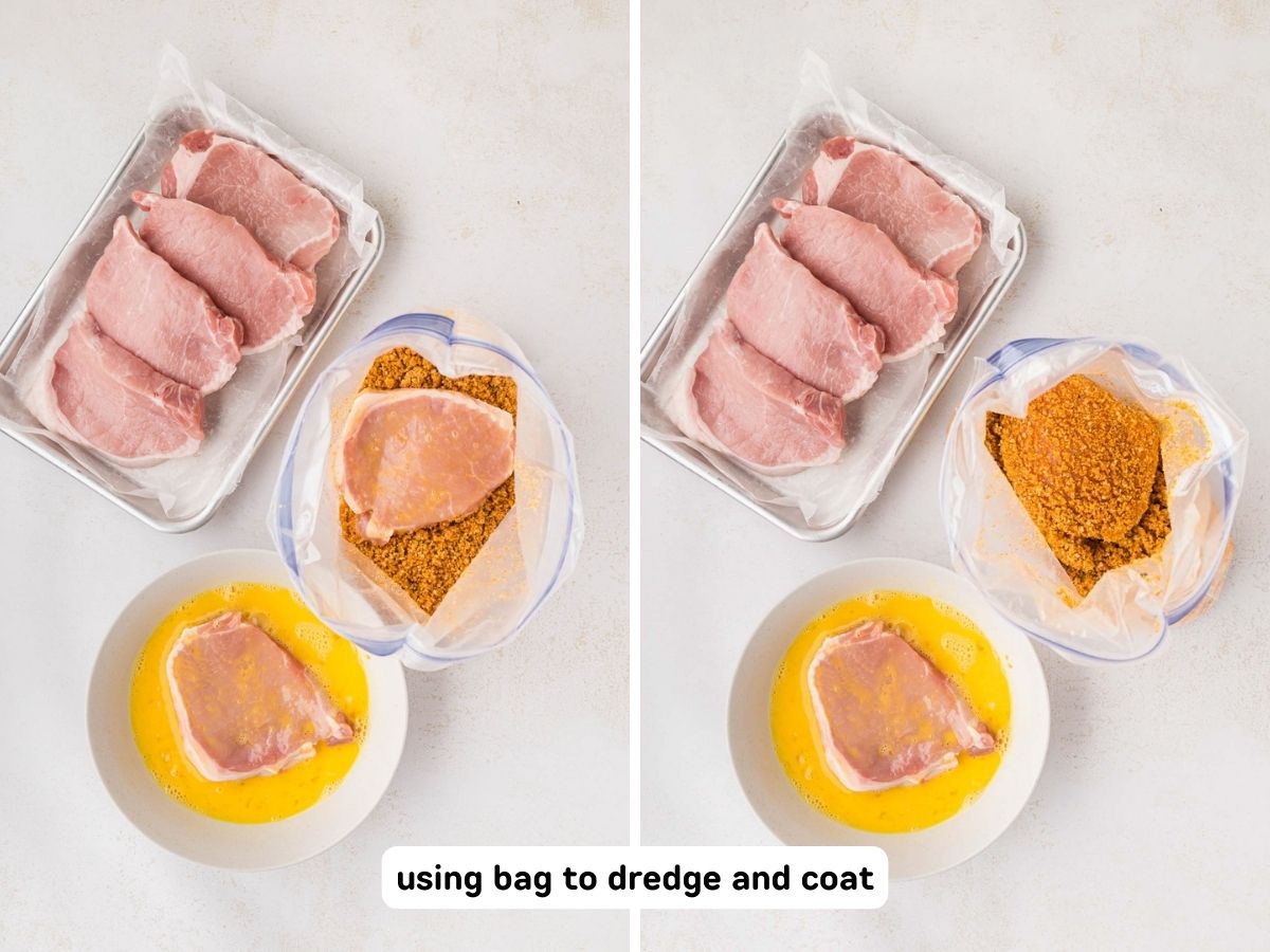 A collage image of steps to dredge the pork chops, in egg shake and bake seasoning mix in a zip-bag.