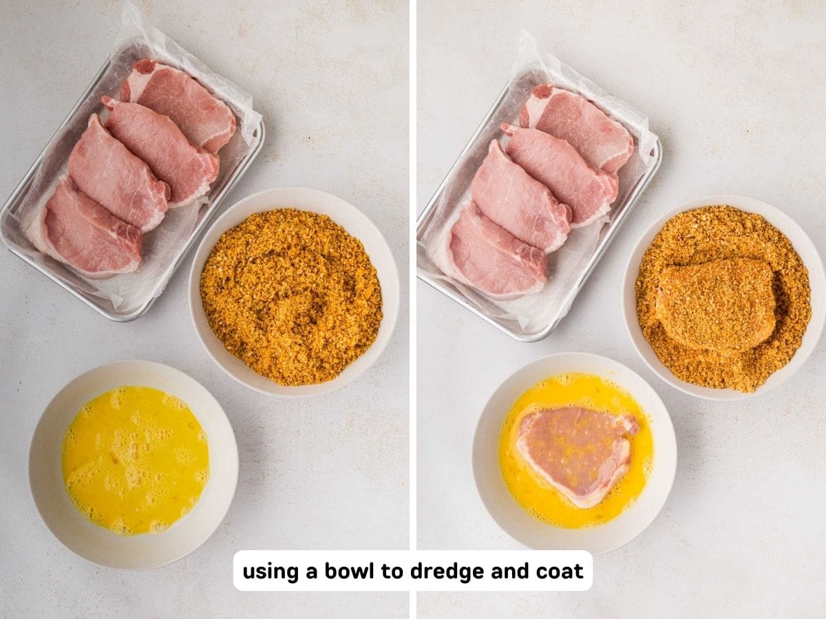 A collage image of steps to dredge the pork chops, in egg shake and bake seasoning mix in a bowl.