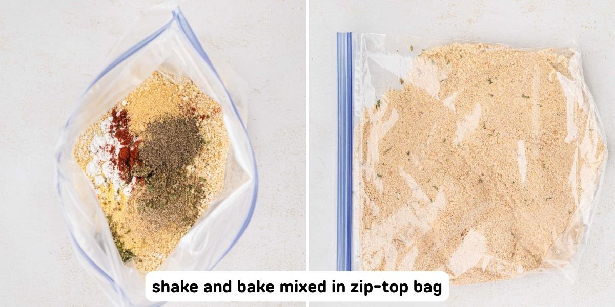 Shake and bake seasoning added to a zip top bag and mix to combine.