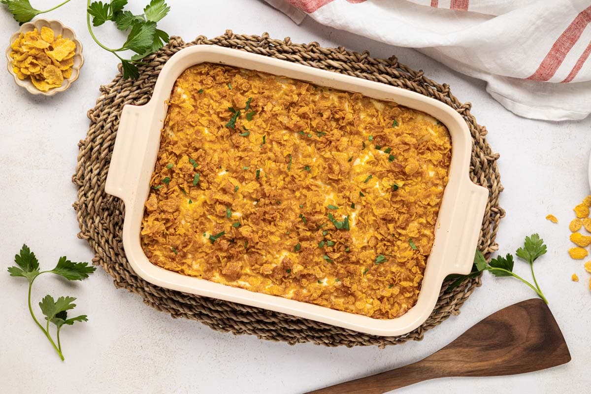 Overhead shot of finished baked chicken hash brown casserole.