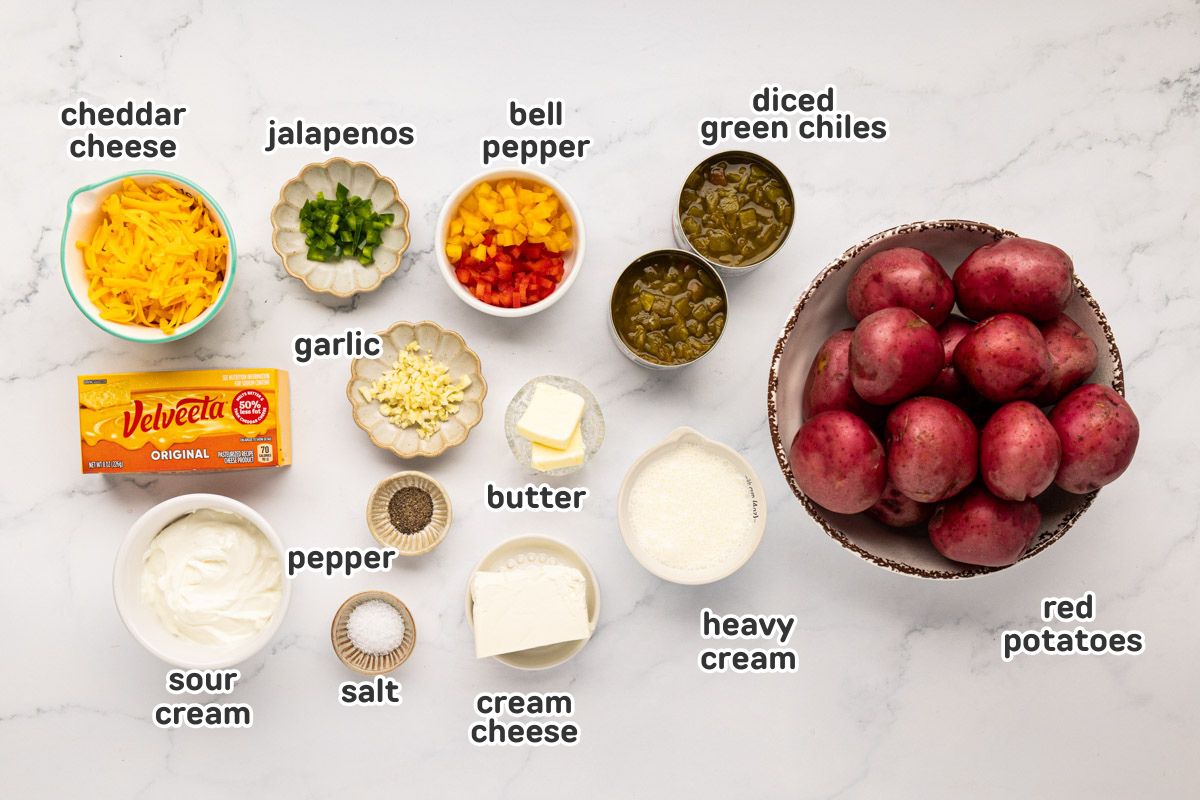 Labeled image of ingredients needed to make Tex-Mex mashed potatoes.