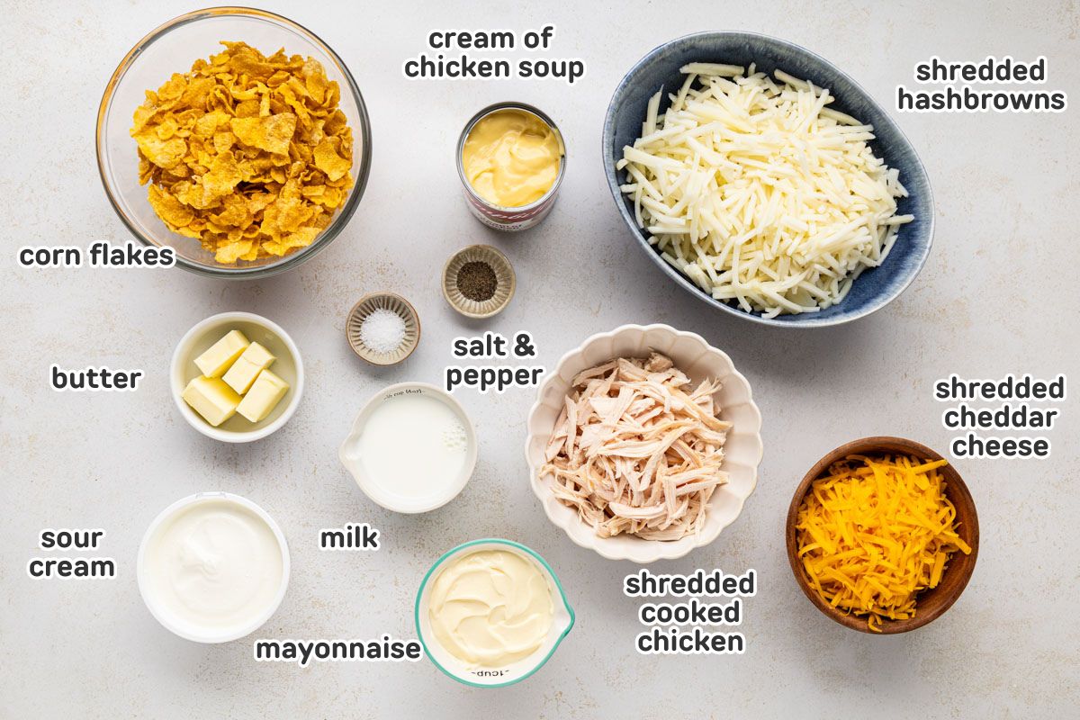Ingredients needed to make chicken hash brown casserole.