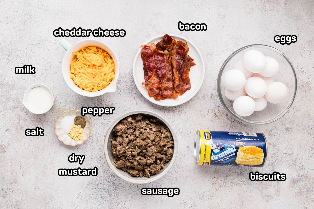 Ingredients needed to make breakfast casserole with biscuits.