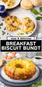 Breakfast Casserole with Biscuits baked in a bundt pan recipe Pinterest image