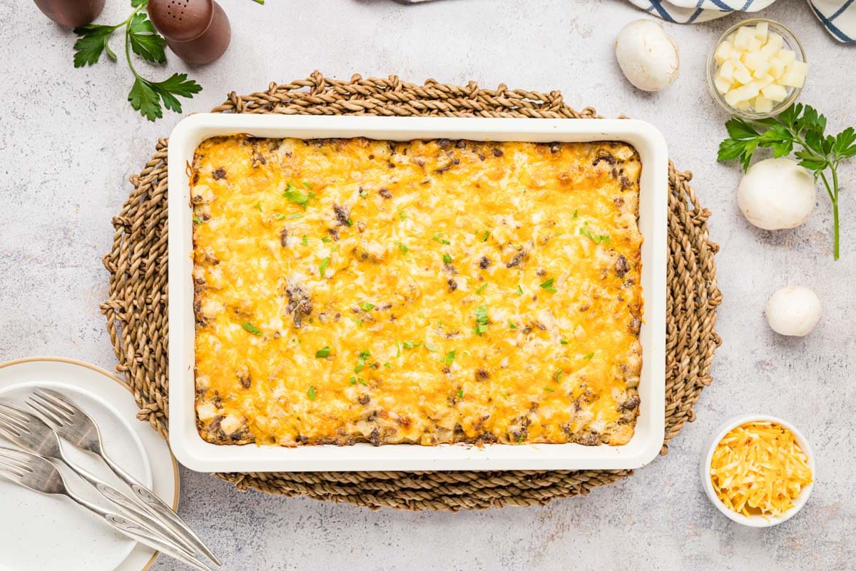 Overhead shot of a baked ground beef hash brown casserole.