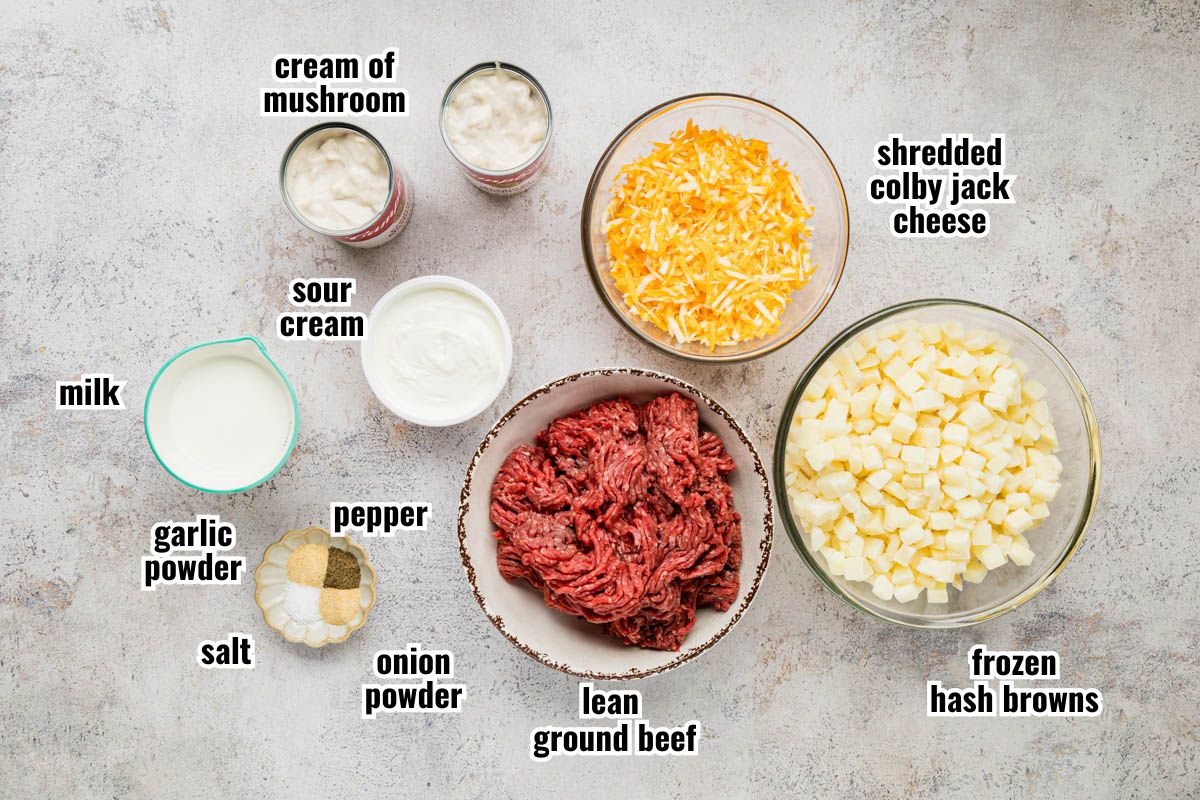 A labeled image of ingredients needed to make hamburger hashbrown casserole.