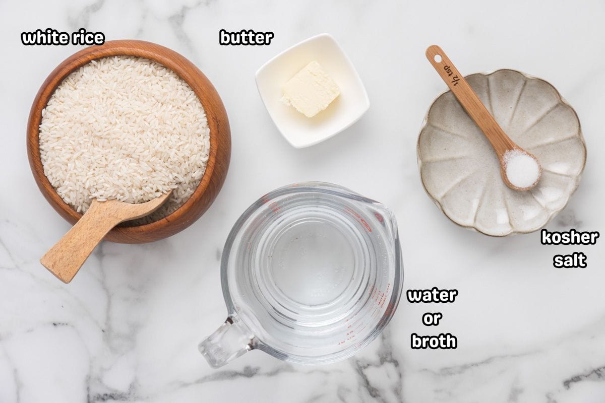 A labeled image of ingredients needed to make instant pot white rice.