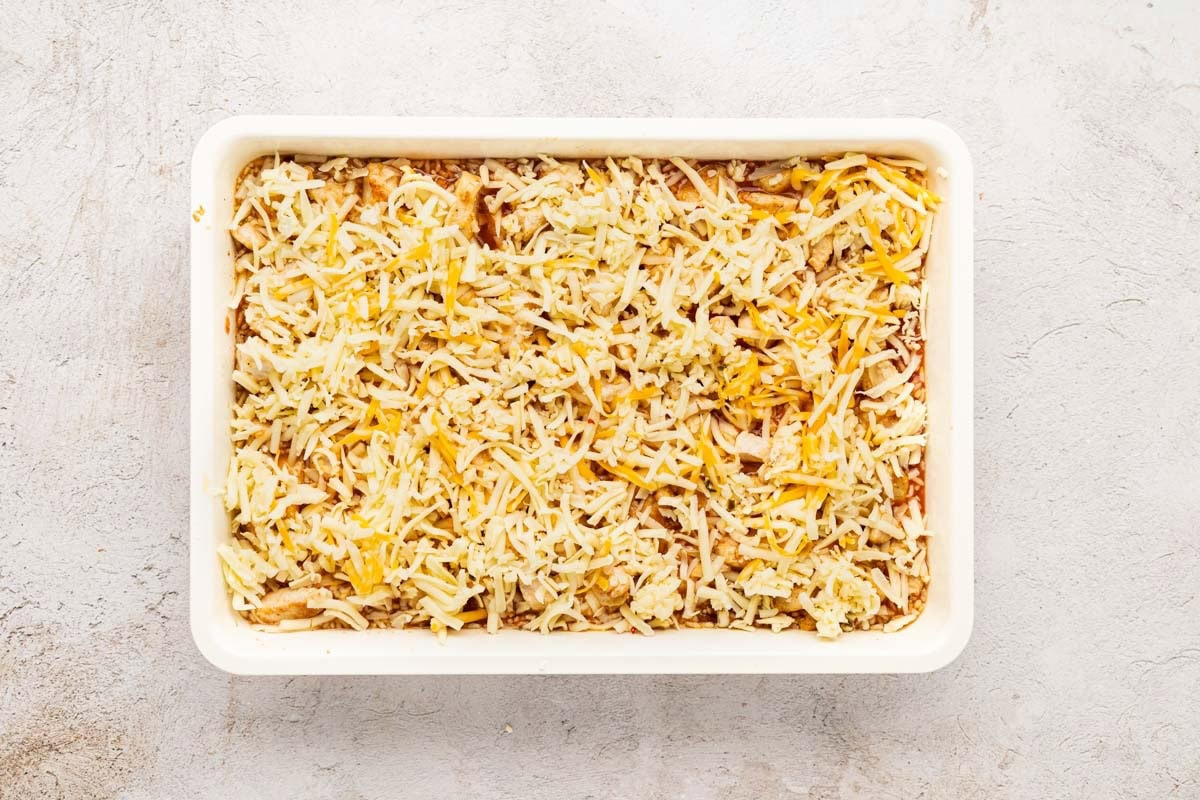 Cheese added on top of the casserole mixture before baking.