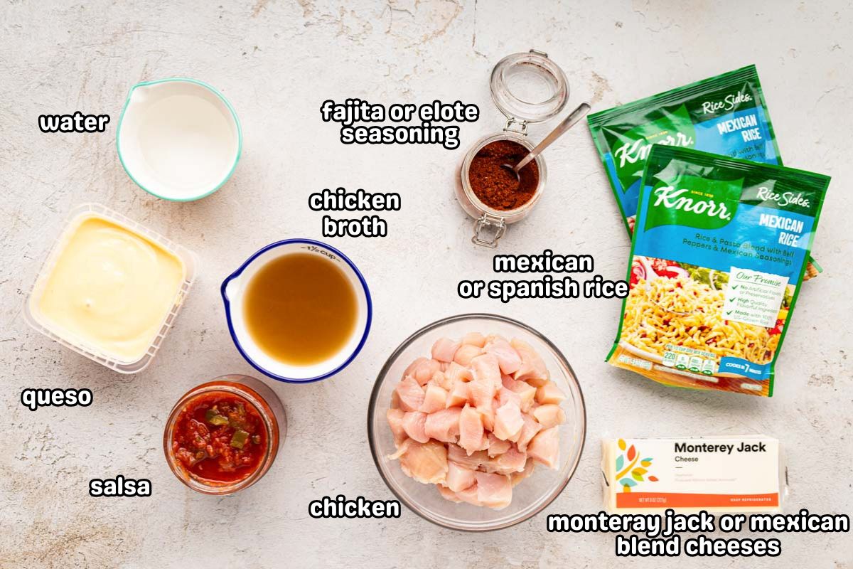 Ingredients needed to make queso chicken and rice casserole.