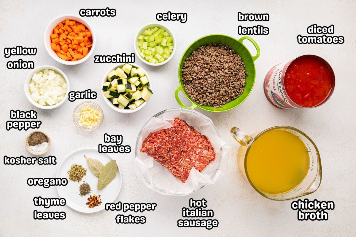A labeled image of ingredients needed to make sausage lentil soup.