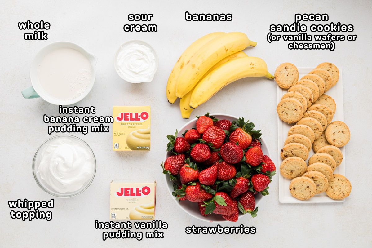 A labeled image of ingredients needed to make strawberry banana pudding.