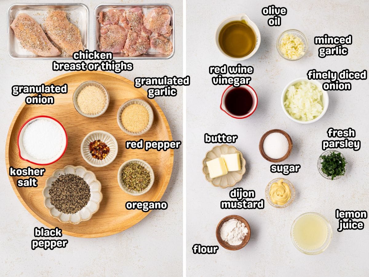 A labeled image of ingredients needed to make Tuscan Grilled Chicken.
