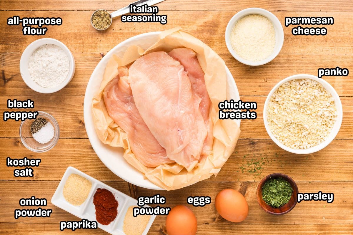 Ingredients needed to make air fryer chicken cutlets.