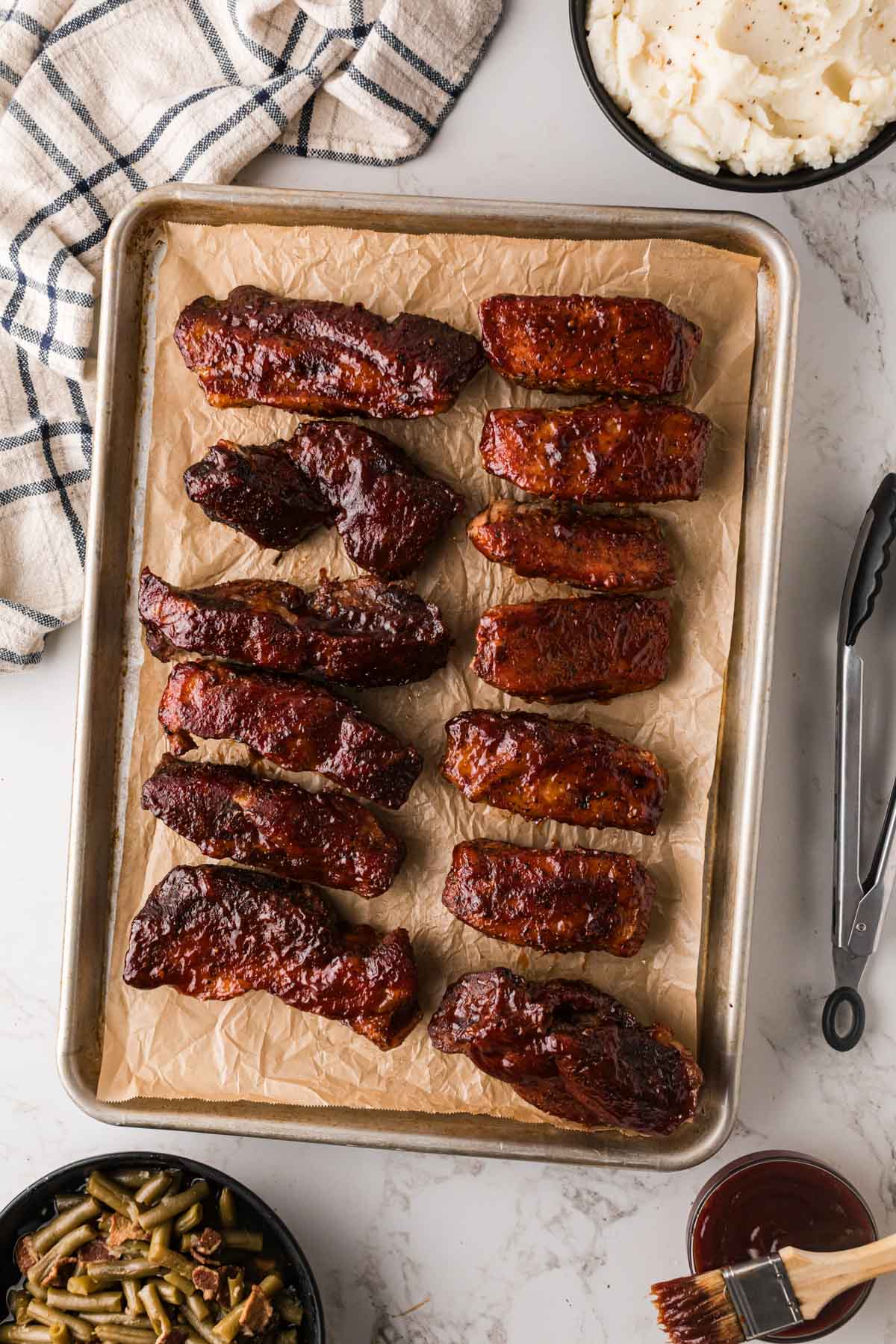 Barbecue country style pork ribs after caramelized in the oven.