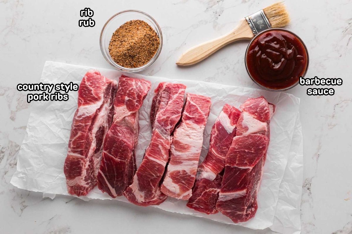 A labeled image of ingredients needed to make bbq country style pork ribs.