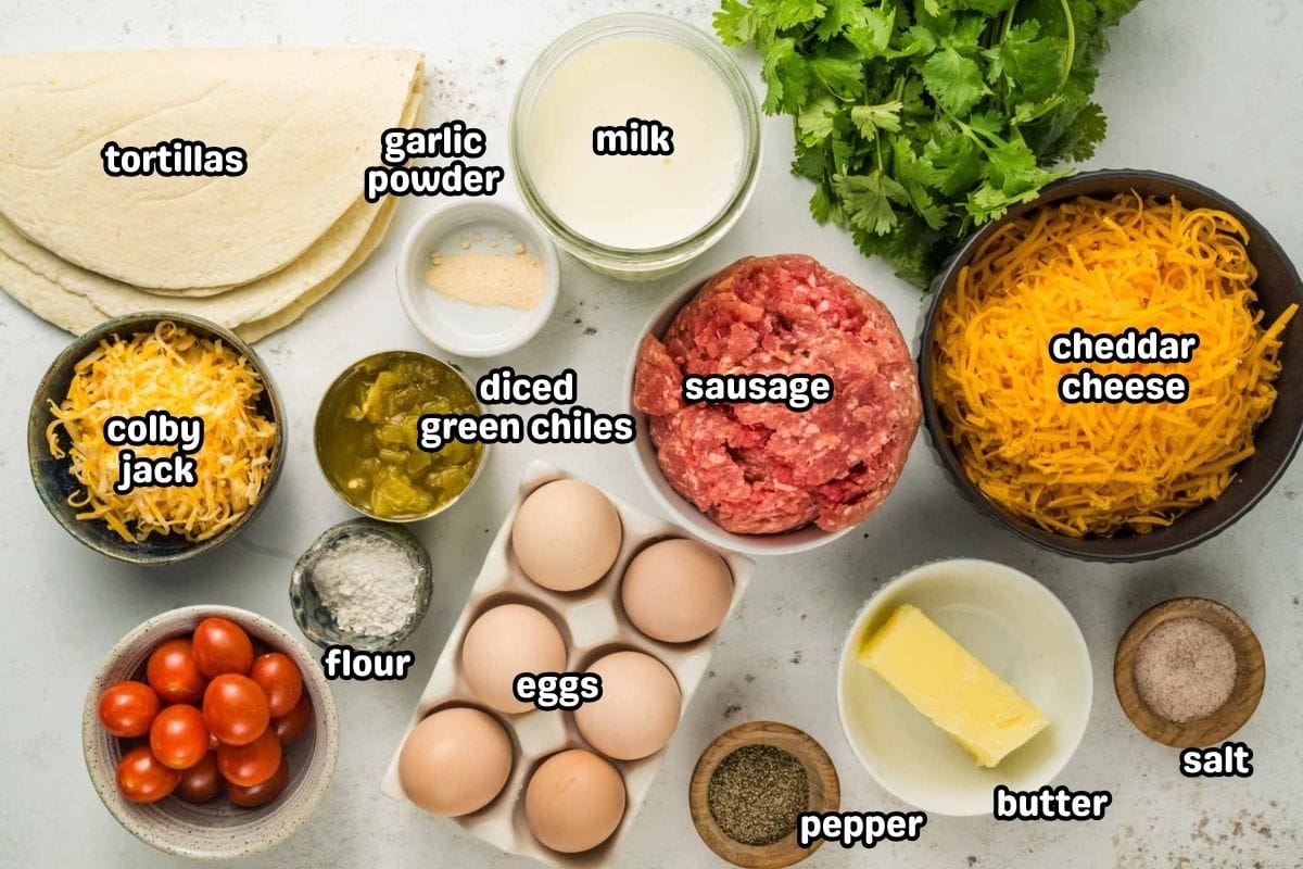 Ingredients needed to make breakfast enchiladas.