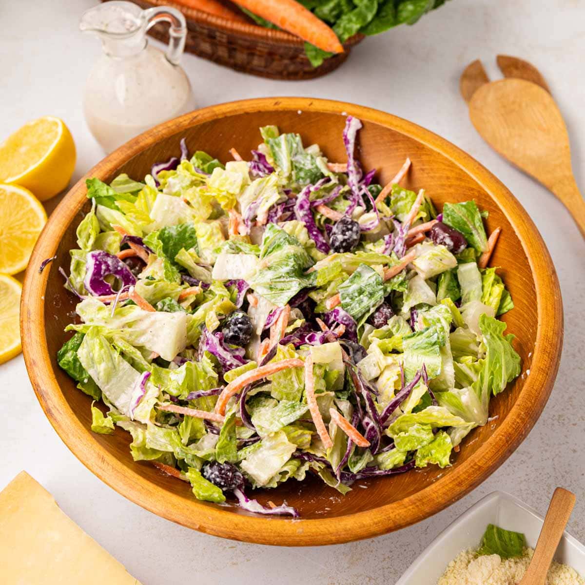 Copycat Carrabba's House Salad in a wooden bowl.