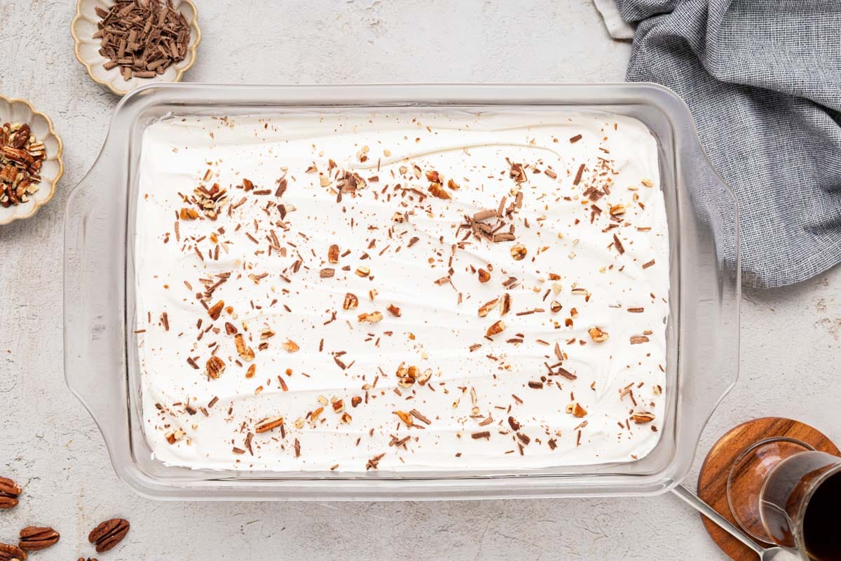 Shaved chocolate sprinkled on top of the chocolate delight dessert.