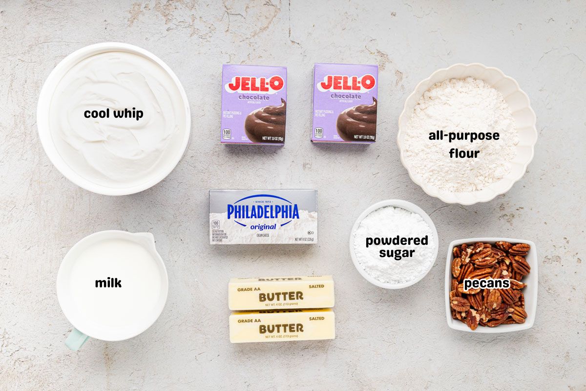 Ingredients needed to make chocolate delight dessert.