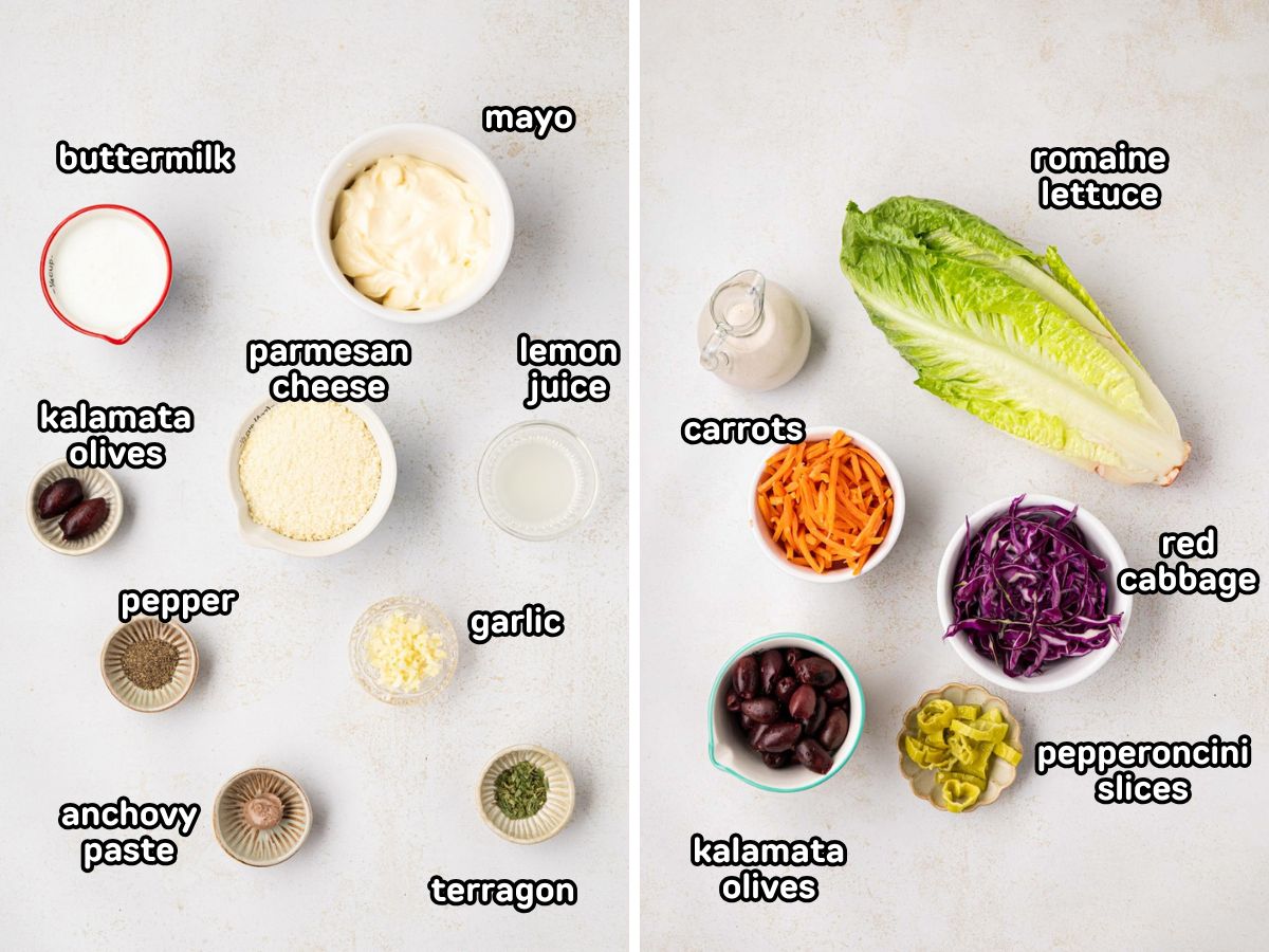 A labeled image of ingredients needed to make a copycat Carrabba's House Salad.