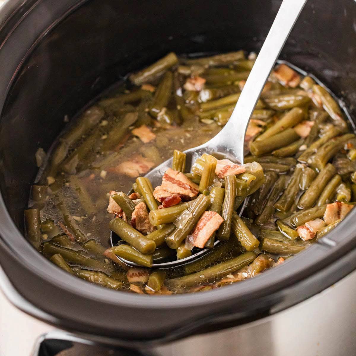 Southern green beans in a crock pot.