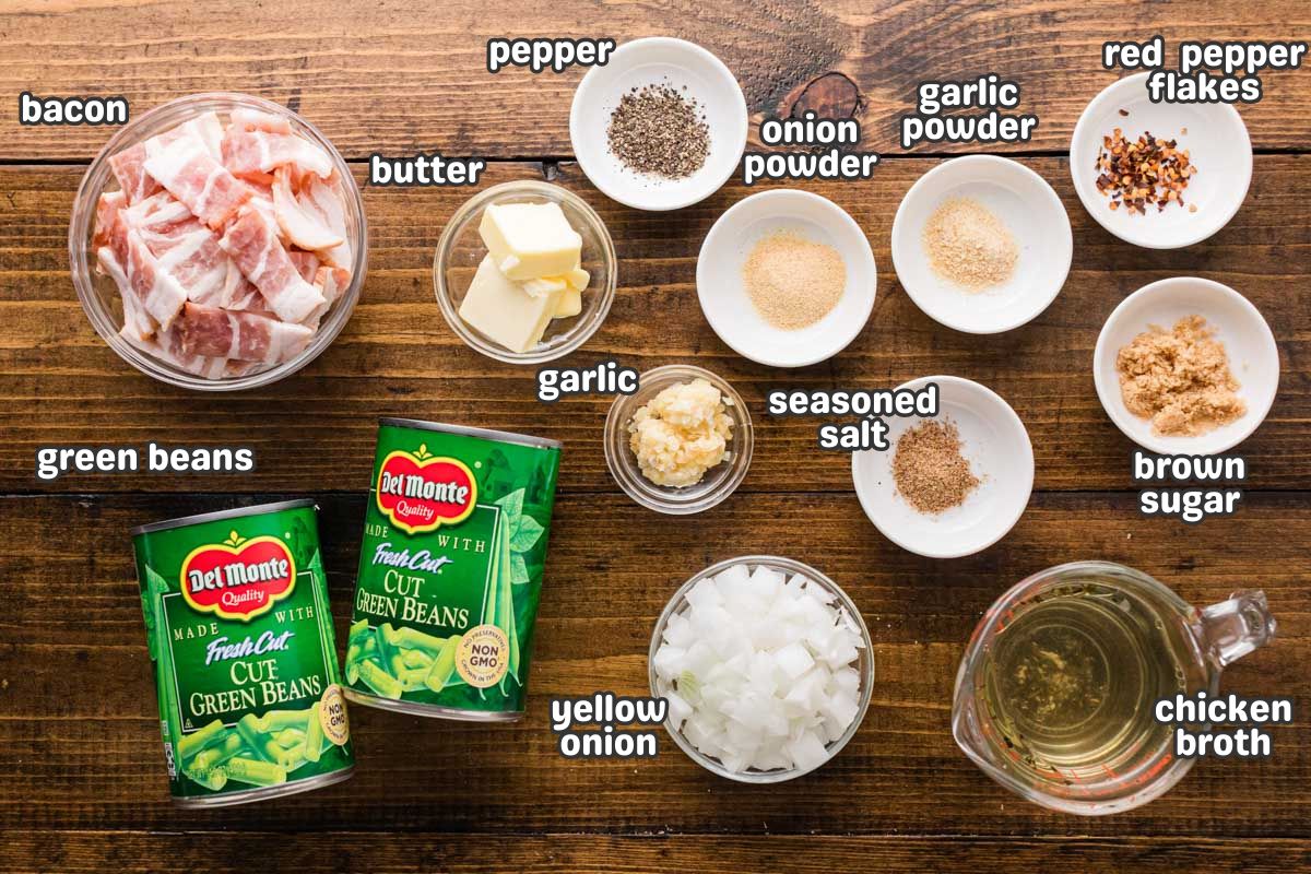 A labeled image of ingredients needed to make crock pot southern green beans.