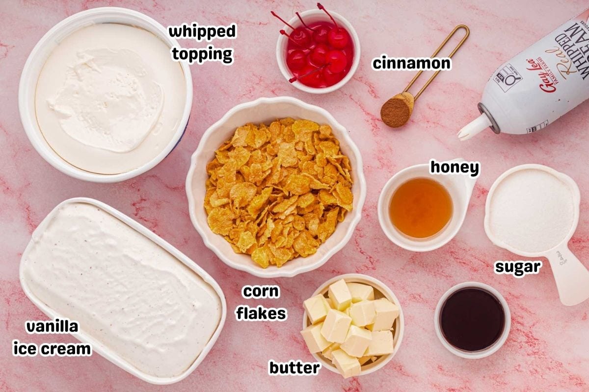 A labeled image of ingredients needed to make fried ice cream cake.