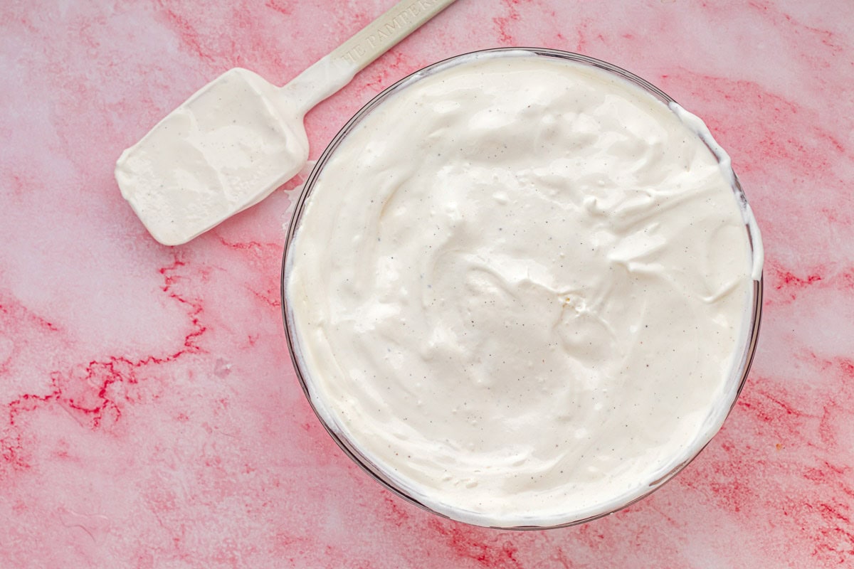 Softened ice cream and cool whip mixed in a bowl.