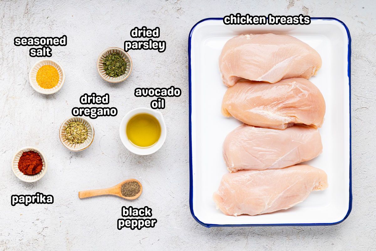 A labeled image of ingredients needed for the juiciest oven baked chicken breasts.